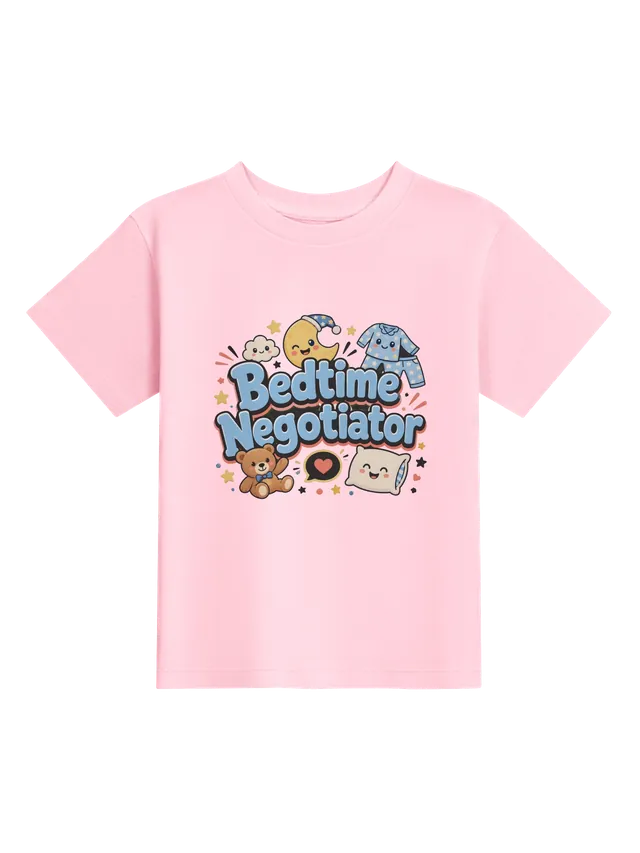 Bedtime Negotiator toddler tee in white with a winking moon, star pajamas, a teddy bear, and a pillow, by LOLsies