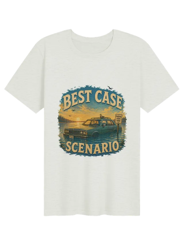 Best Case Scenario funny t-shirt in white with a half-sunk sedan, OPTIMIST plate and parking sign, by LOLsies
