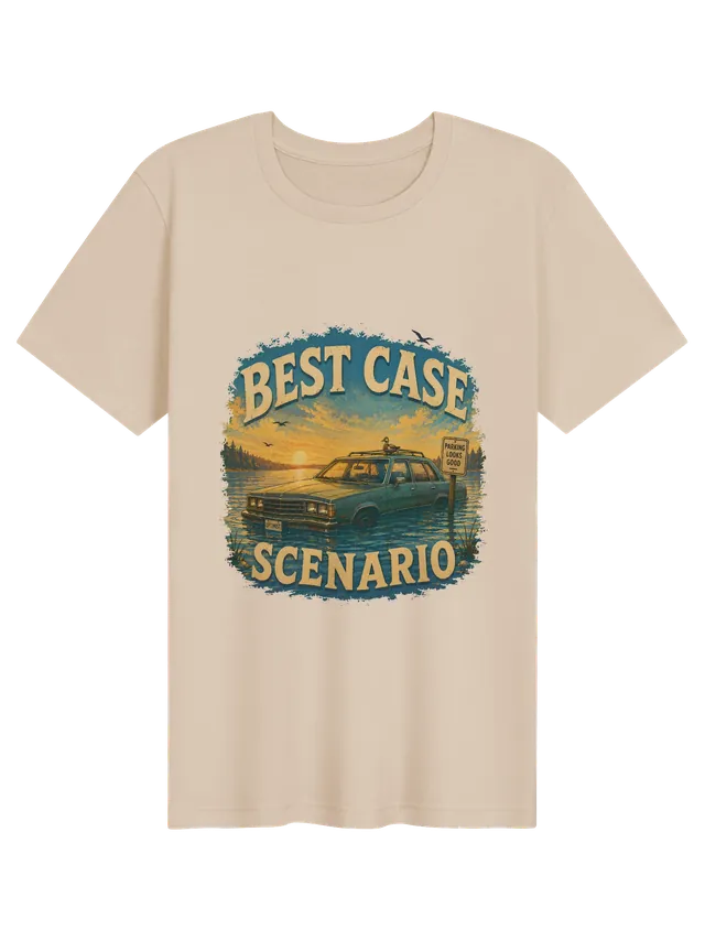 Best Case Scenario funny t-shirt in white with a half-sunk sedan, OPTIMIST plate and parking sign, by LOLsies