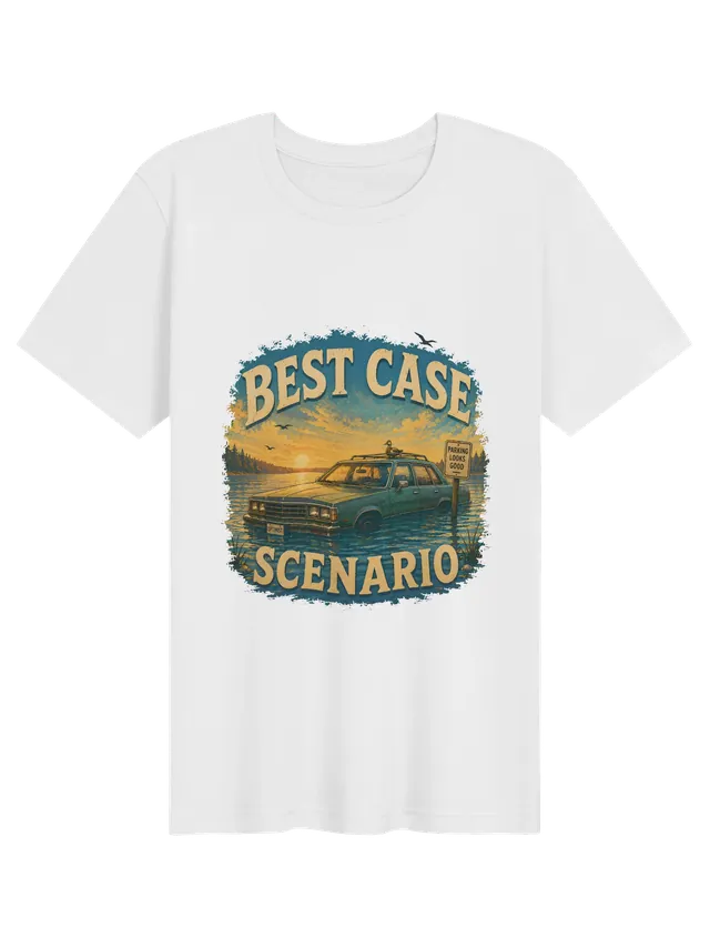 Best Case Scenario funny t-shirt in white with a half-sunk sedan, OPTIMIST plate and parking sign, by LOLsies