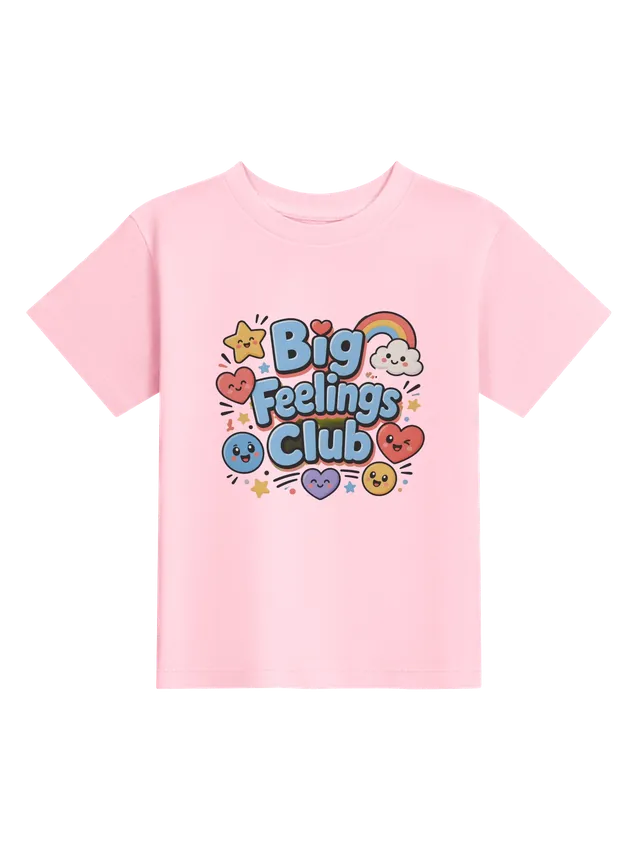 Big Feelings Club toddler tee in white with a rainbow, smiling hearts, a happy star, and emoji faces, by LOLsies