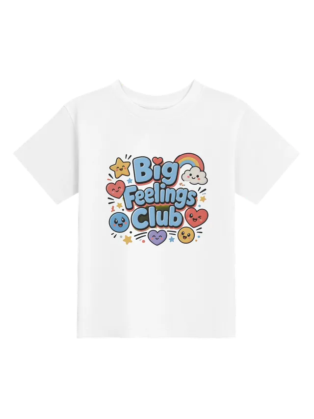 Big Feelings Club toddler tee in white with a rainbow, smiling hearts, a happy star, and emoji faces, by LOLsies