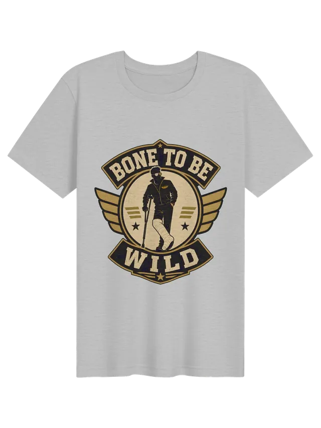 Bone To Be Wild broken leg t-shirt in black with a winged badge hero on a crutch in a leg cast, by LOLsies