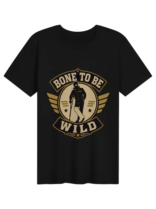 Bone To Be Wild broken leg t-shirt in black with a winged badge hero on a crutch in a leg cast, by LOLsies