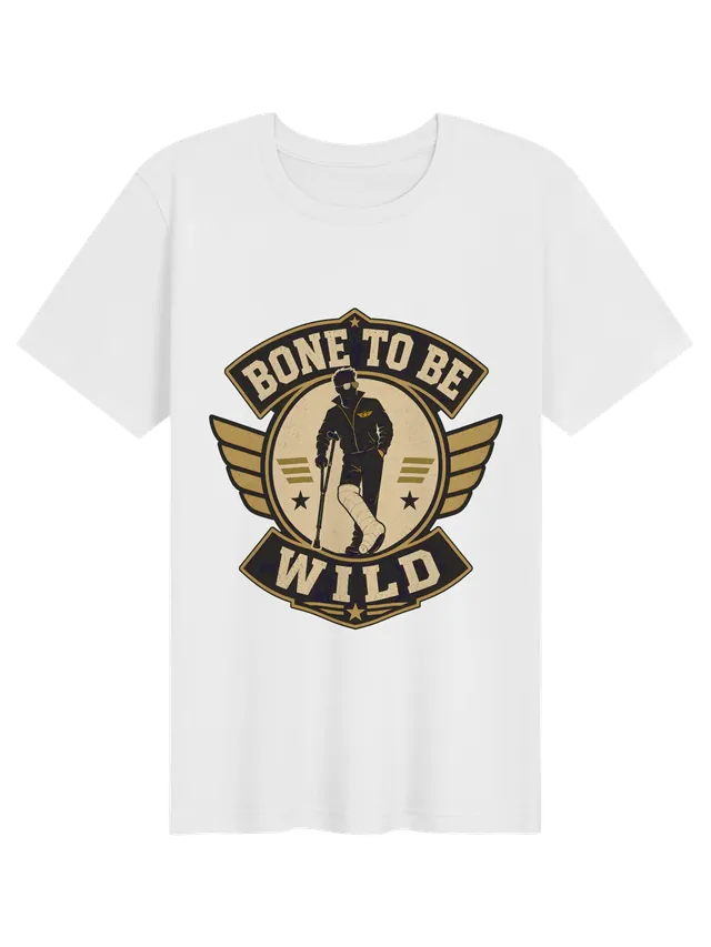 Bone To Be Wild broken leg t-shirt in black with a winged badge hero on a crutch in a leg cast, by LOLsies