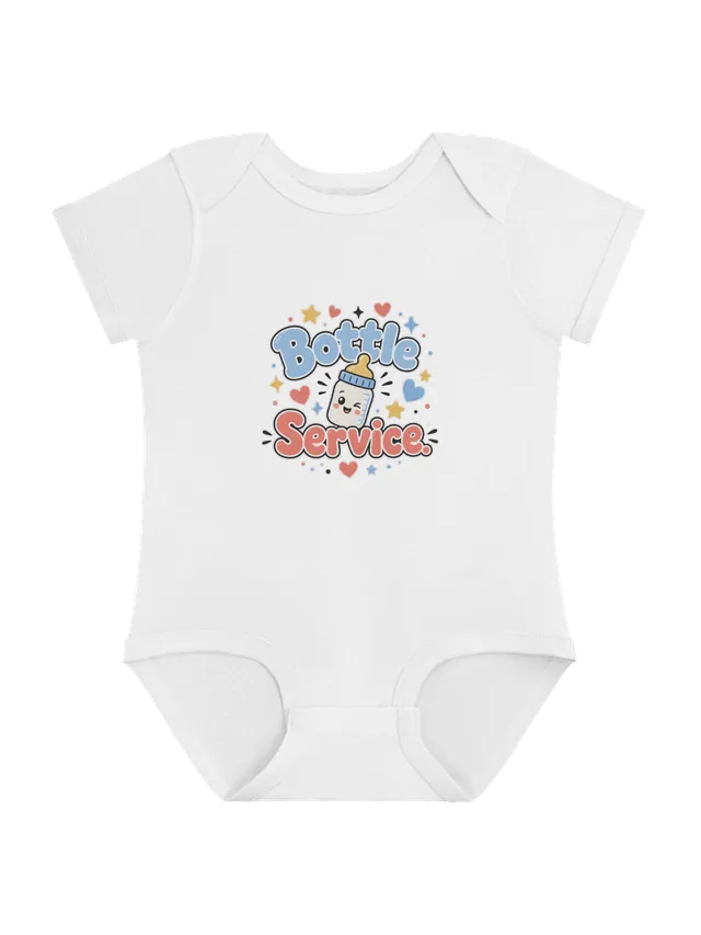 Bottle Service funny baby bodysuit in white with a winking baby bottle, hearts, and stars, by LOLsies