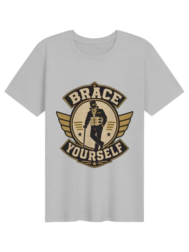 Brace Yourself back surgery t-shirt in black with a winged badge hero in a neck and back brace, by LOLsies
