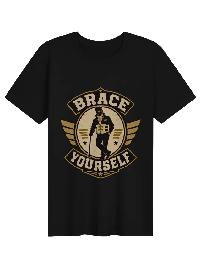 Brace Yourself back surgery t-shirt in black with a winged badge hero in a neck and back brace, by LOLsies