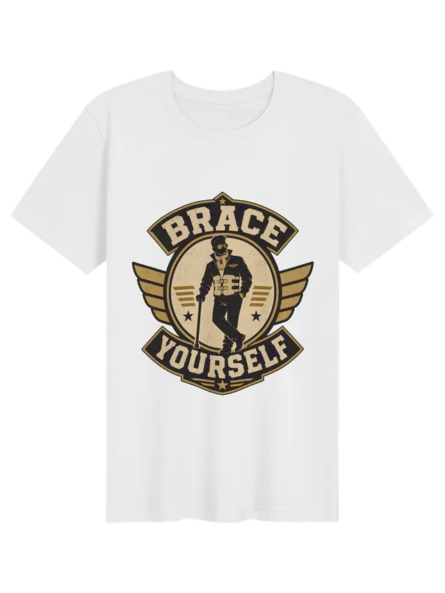 Brace Yourself back surgery t-shirt in black with a winged badge hero in a neck and back brace, by LOLsies
