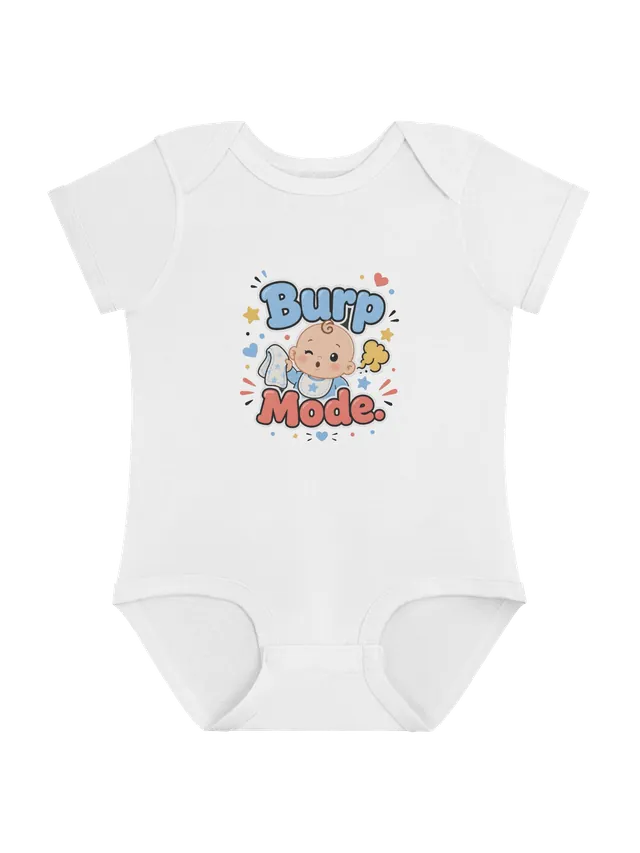 Burp Mode baby bodysuit in white with a winking baby holding a burp cloth next to a yellow burp puff, by LOLsies
