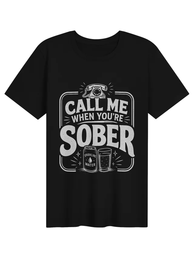 Call Me When You're Sober tee in black with a rotary phone, a sparkling water can, and a glass, by LOLsies