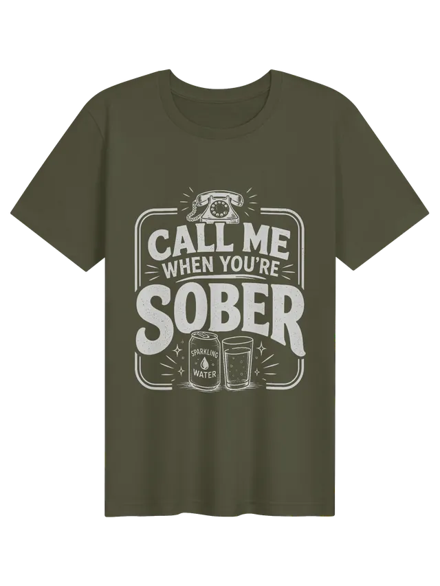Call Me When You're Sober tee in black with a rotary phone, a sparkling water can, and a glass, by LOLsies