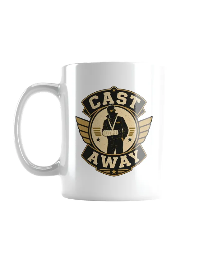 Cast Away funny broken arm t-shirt in black with a winged badge hero wearing an arm cast in a sling, by LOLsies