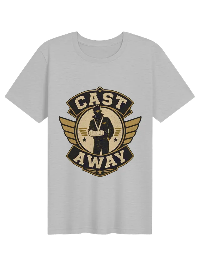 Cast Away funny broken arm t-shirt in black with a winged badge hero wearing an arm cast in a sling, by LOLsies