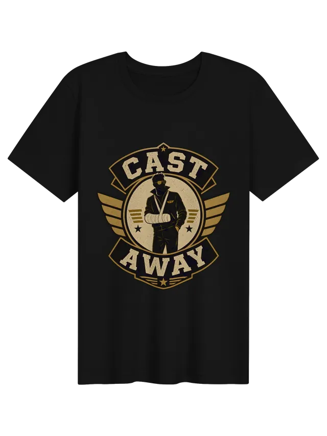 Cast Away funny broken arm t-shirt in black with a winged badge hero wearing an arm cast in a sling, by LOLsies