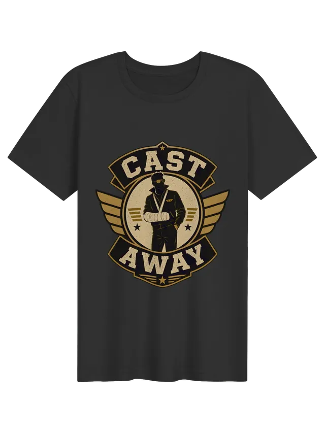 Cast Away funny broken arm t-shirt in black with a winged badge hero wearing an arm cast in a sling, by LOLsies