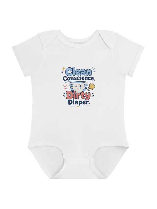 Clean Conscience Dirty Diaper baby bodysuit in white with a smug winking diaper and a yellow stink cloud, by LOLsies