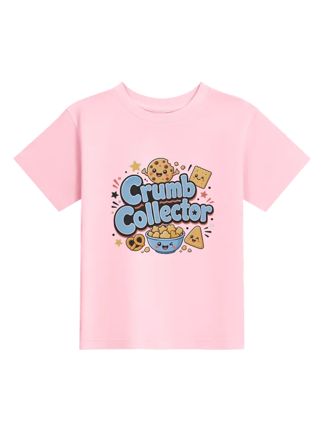 Crumb Collector toddler tee in white with a bitten cookie, crackers, a pretzel, and a bowl of snacks, by LOLsies