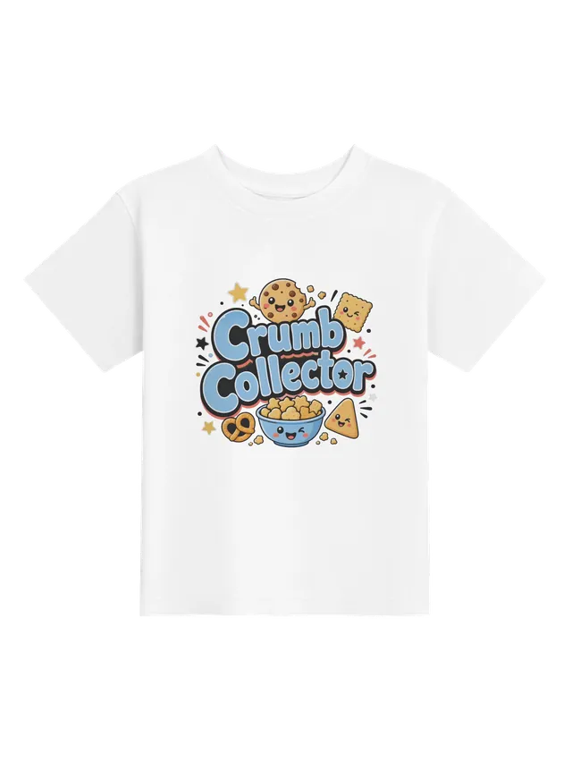 Crumb Collector toddler tee in white with a bitten cookie, crackers, a pretzel, and a bowl of snacks, by LOLsies