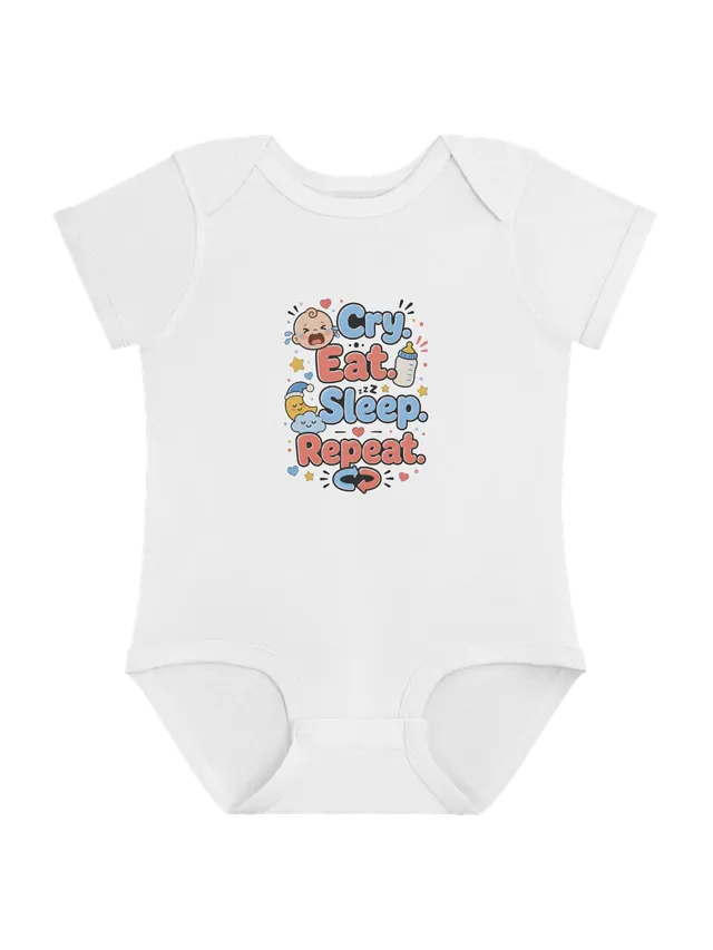 Cry Eat Sleep Repeat baby bodysuit in white with a crying baby, a bottle, a sleepy moon, and repeat arrows, by LOLsies