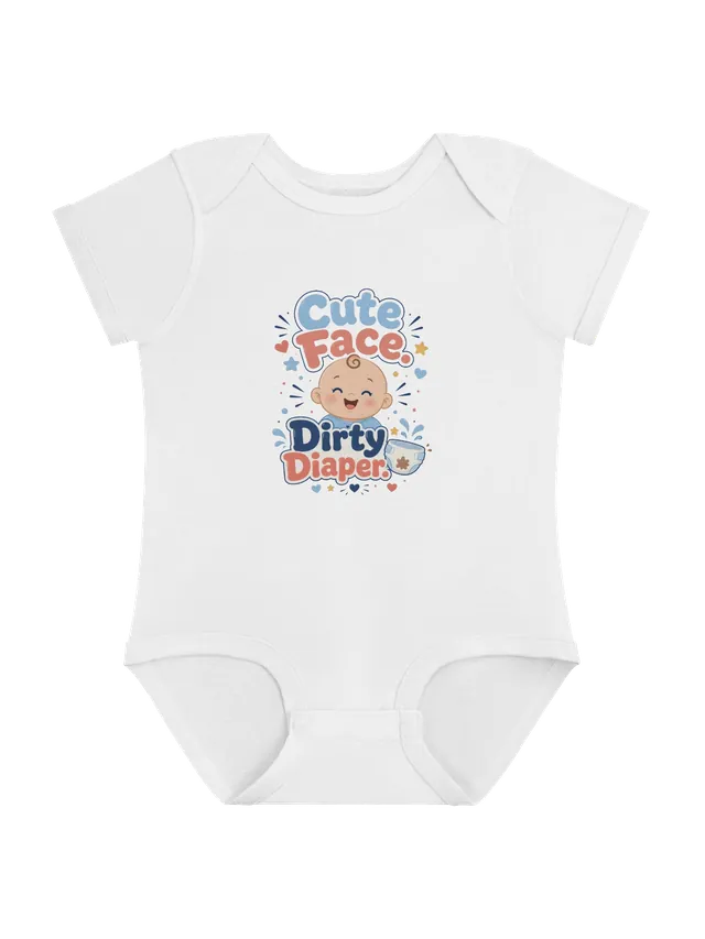 Cute Face Dirty Diaper baby bodysuit in white with a giggling baby and a messy diaper, by LOLsies
