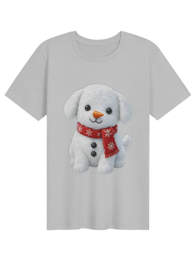Cutie Snow Dog t-shirt in white with a snow puppy wearing a red snowflake scarf and a carrot nose, by LOLsies