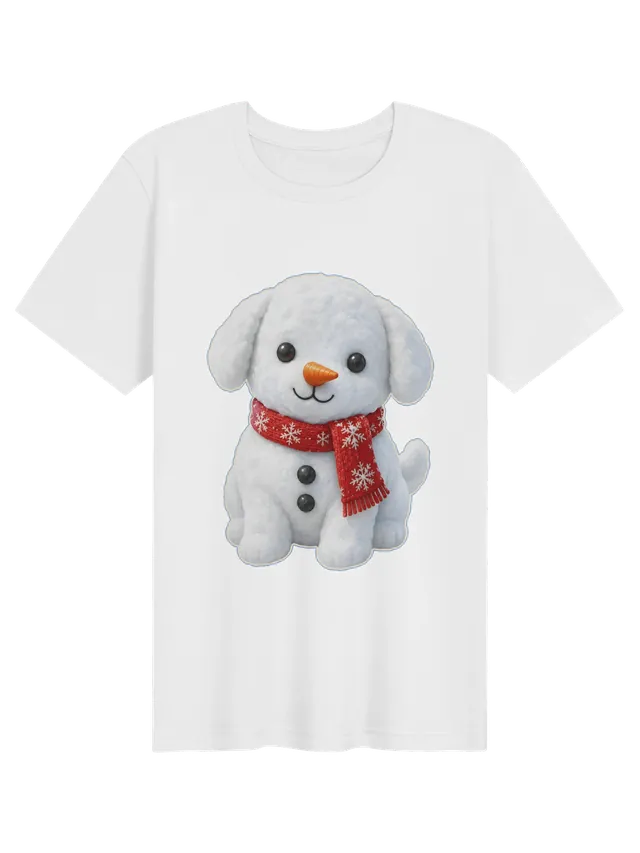 Cutie Snow Dog t-shirt in white with a snow puppy wearing a red snowflake scarf and a carrot nose, by LOLsies
