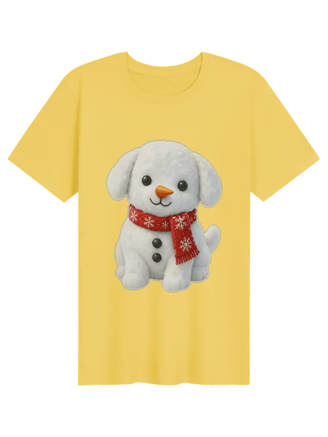 Cutie Snow Dog t-shirt in white with a snow puppy wearing a red snowflake scarf and a carrot nose, by LOLsies
