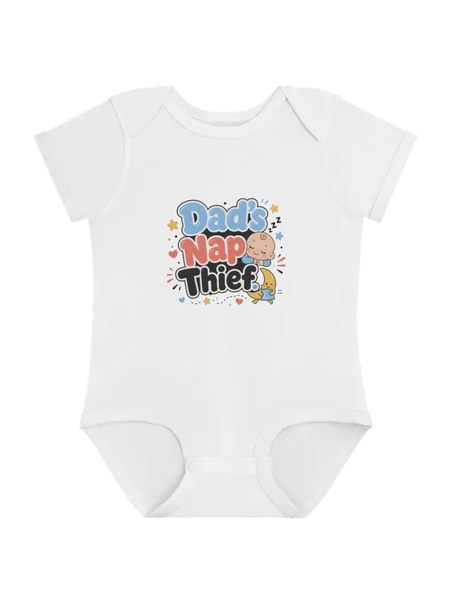Dad's Nap Thief baby bodysuit in white with a sleeping baby and a moon carrying off a pillow, by LOLsies