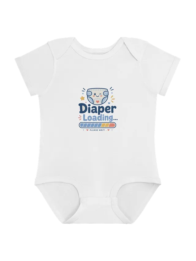 Diaper Loading baby bodysuit in white with a winking diaper and a nearly full loading bar, by LOLsies