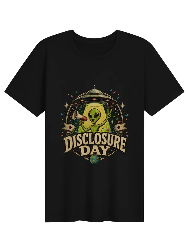 Disclosure Day alien tee in black with a green alien holding a megaphone in a UFO beam, by LOLsies