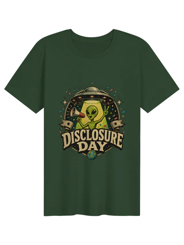 Disclosure Day alien tee in black with a green alien holding a megaphone in a UFO beam, by LOLsies