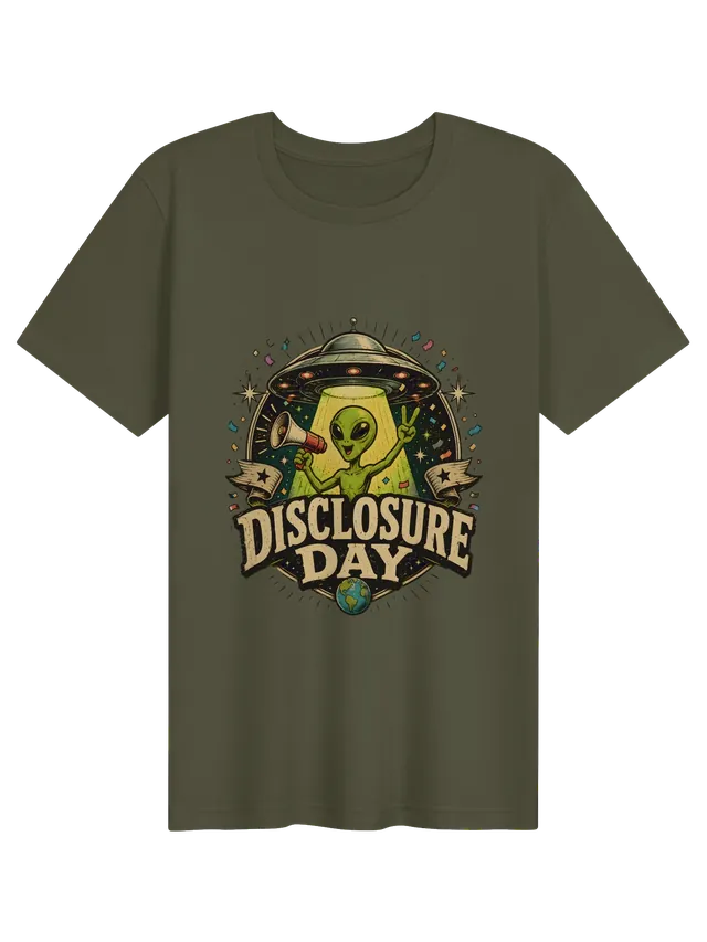Disclosure Day alien tee in black with a green alien holding a megaphone in a UFO beam, by LOLsies