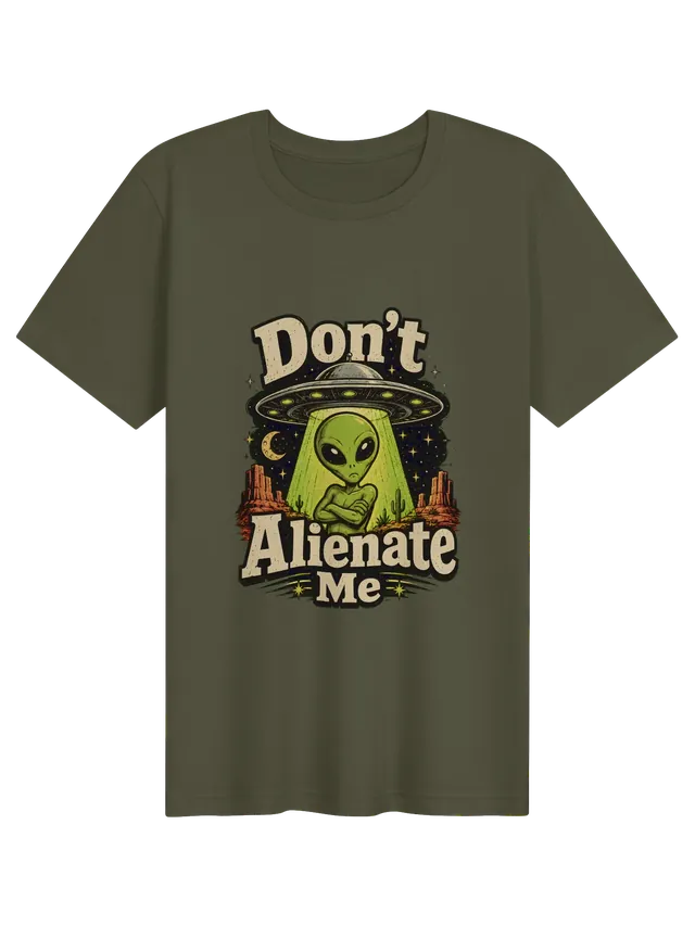 Don't Alienate Me tee in black with a pouting green alien under a UFO in the desert, by LOLsies
