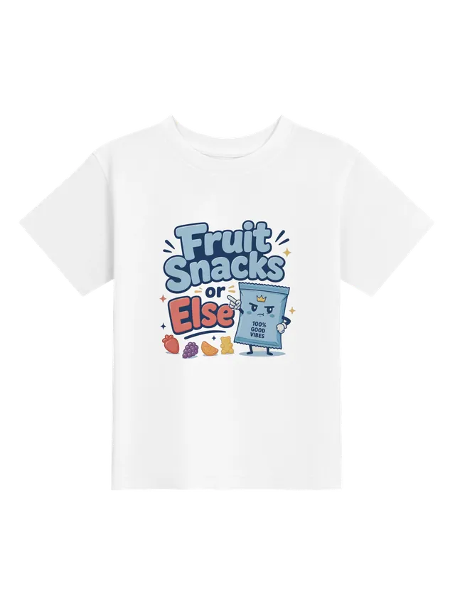 Fruit Snacks or Else toddler tee in white with a crowned, frowning fruit snack pouch and gummy fruits, by LOLsies