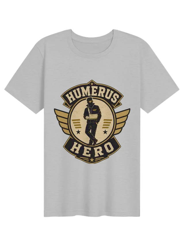 Humerus Hero broken arm t-shirt in black with a winged retro badge and a hero wearing an arm sling, by LOLsies
