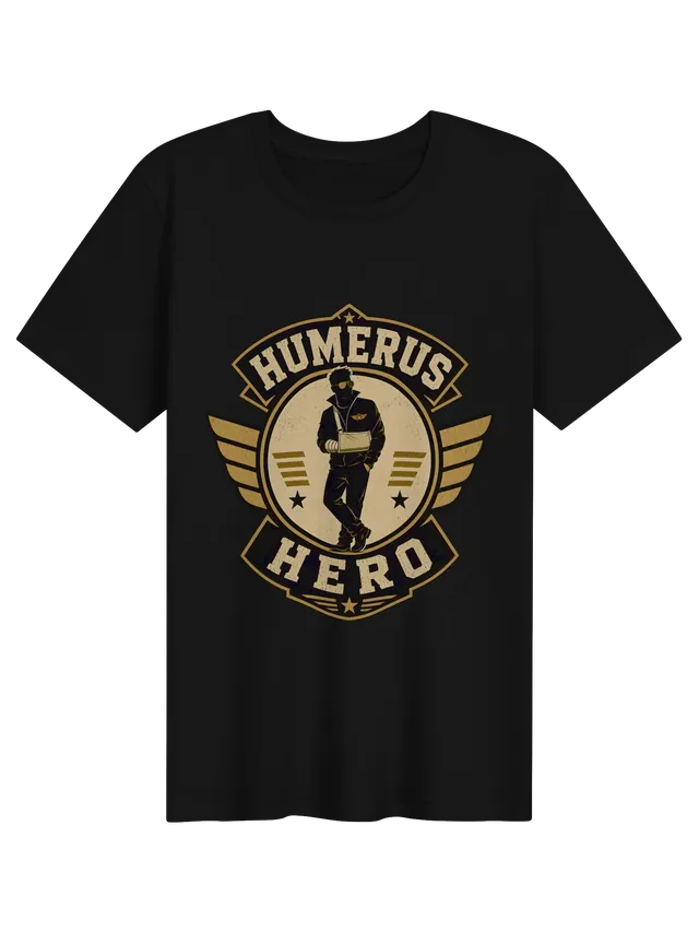 Humerus Hero broken arm t-shirt in black with a winged retro badge and a hero wearing an arm sling, by LOLsies