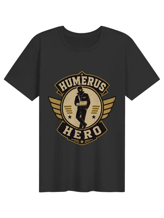 Humerus Hero broken arm t-shirt in black with a winged retro badge and a hero wearing an arm sling, by LOLsies