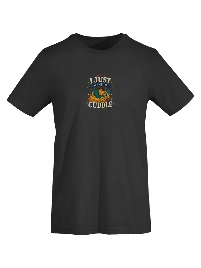 I Just Want To Cuddle tee in navy with a woman hugging a sleeping golden retriever under a plaid blanket, by LOLsies