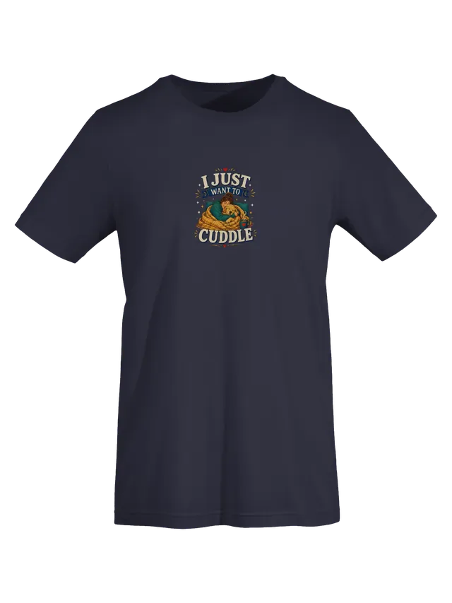 I Just Want To Cuddle tee in navy with a woman hugging a sleeping golden retriever under a plaid blanket, by LOLsies