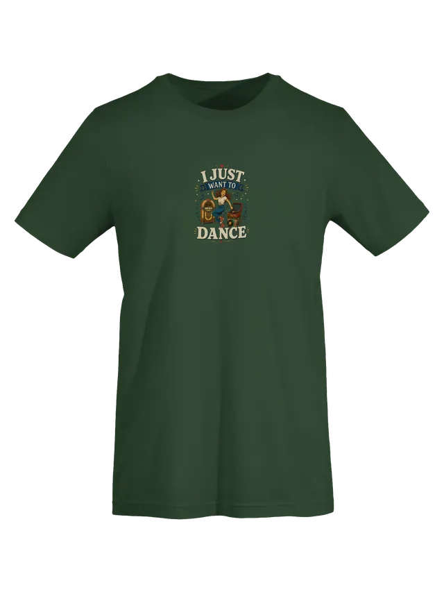 I Just Want To Dance tee in navy with a dancer between a vintage jukebox and a record player, by LOLsies