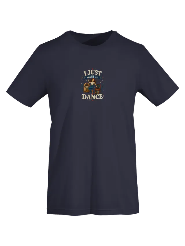 I Just Want To Dance tee in navy with a dancer between a vintage jukebox and a record player, by LOLsies