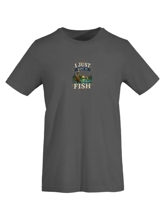 I Just Want To Fish tee in navy with a wading angler reeling in a leaping bass at golden hour, by LOLsies