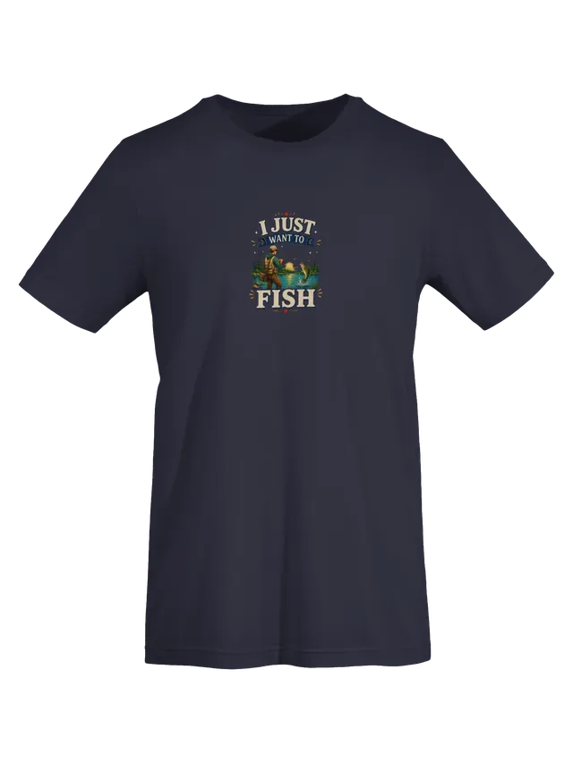 I Just Want To Fish tee in navy with a wading angler reeling in a leaping bass at golden hour, by LOLsies