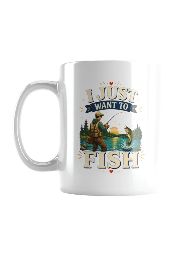 I Just Want To Fish tee in navy with a wading angler reeling in a leaping bass at golden hour, by LOLsies
