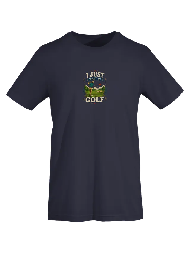 I Just Want To Golf tee in navy with a golfer mid-swing near a red pin flag and a sand trap, by LOLsies