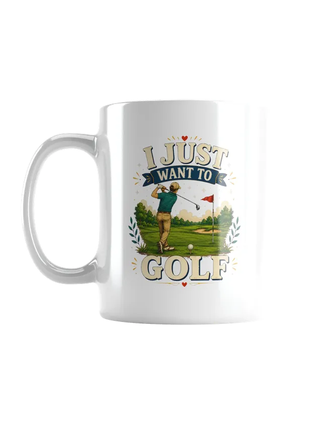 I Just Want To Golf tee in navy with a golfer mid-swing near a red pin flag and a sand trap, by LOLsies