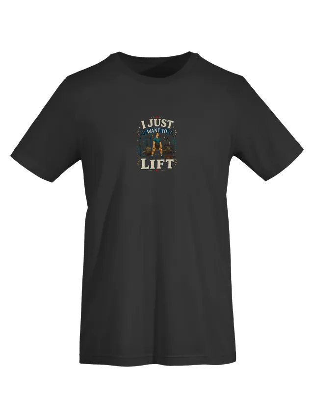 I Just Want To Lift tee in navy with a smiling lifter deadlifting a loaded barbell in a gym, by LOLsies