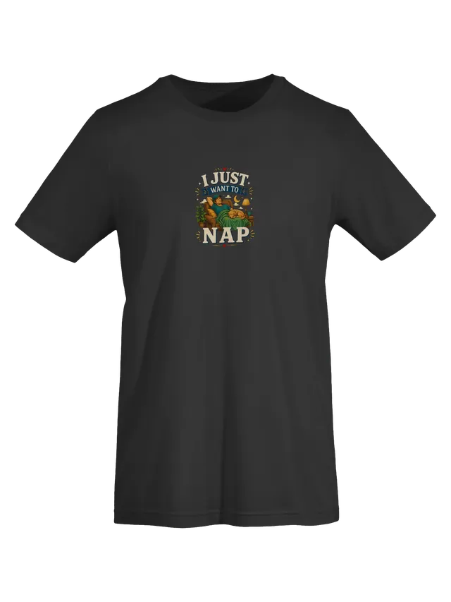 I Just Want To Nap tee in navy with a man dozing in an armchair under a blanket with a sleeping pup, by LOLsies