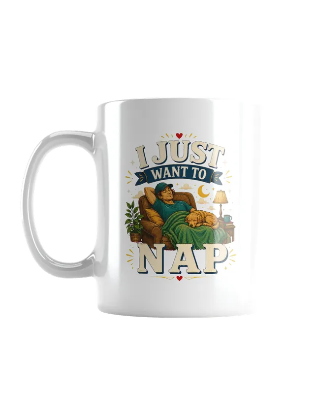 I Just Want To Nap tee in navy with a man dozing in an armchair under a blanket with a sleeping pup, by LOLsies